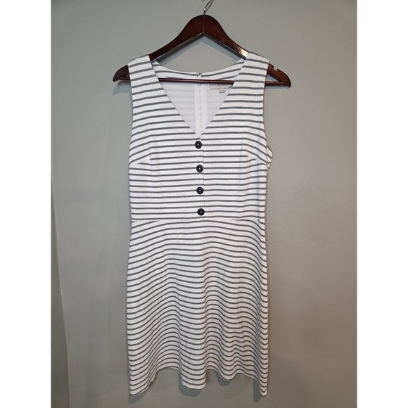 LOFT Dresses & Skirts - LOFT‎ Striped Sheath Dress W 8 White Black Sleeveless V-Neck Button Front Knit